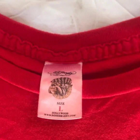 Ed Hardy Vintage Y2K Scull Tattoo Graphic Top T Shirt Fitted Logo Cotton Red L - Picture 11 of 16